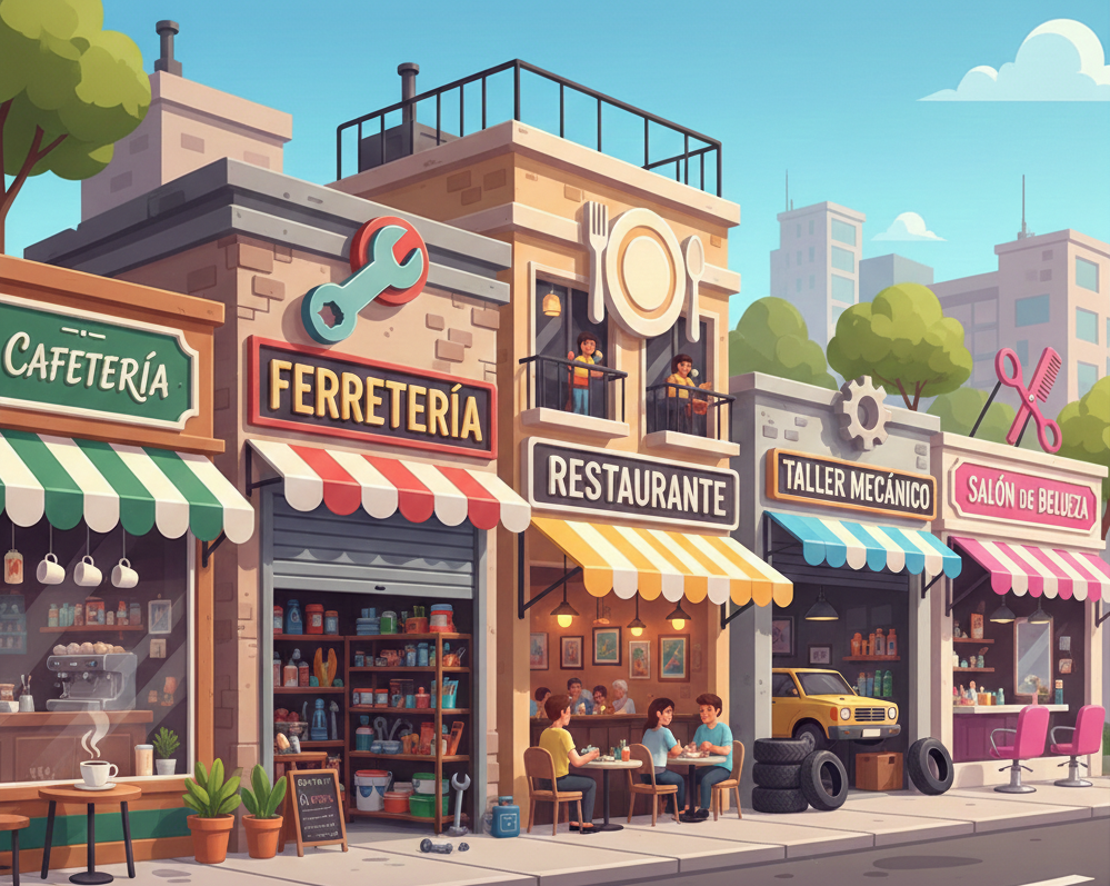 Various businesses: Coffee Shop, Hardware Store, Restaurant